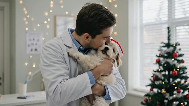 Festive pet checkup video of vet doctor holding small dog near Xmas tree