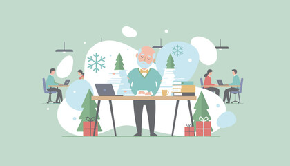 Senior manager burdened by heavy yearend paperwork during the busy holiday season