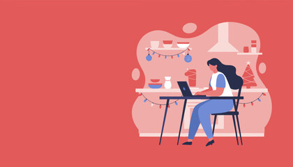 Remote worker using laptop in a festive home kitchen Holiday season WFH illustration