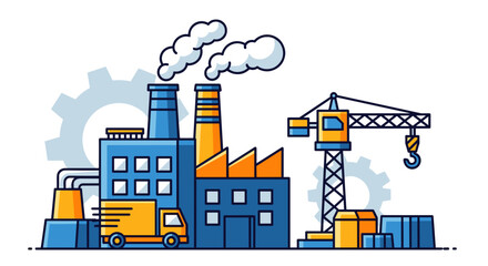 Industrial manufacturing facility with crane delivery truck and smokestacks Production logistics icon