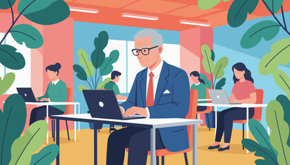 Experienced businessman using a laptop in a cheerful green modern openplan office