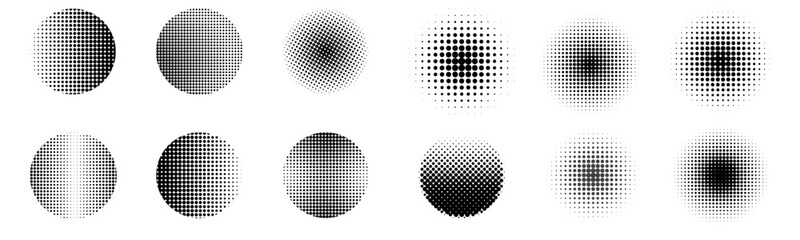 Black Circle halftone. Black dot radial and linear gradients with various patterns, distortions, optical illusions, movement effects. Vector set
