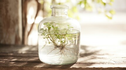 carboy. Clear glass carboy with floating green plant and visible roots on rustic wooden surface. gardening catalogs, home-decor guides, designed for home decor and floral branding.