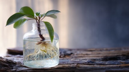 carboy. Clear glass carboy with floating green plant and visible roots on rustic wooden surface. gardening catalogs, home-decor guides, designed for home decor and floral branding.