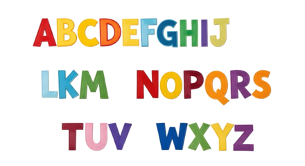 Colorful alphabet letters a to z with a textured appearance isolated on transparent background