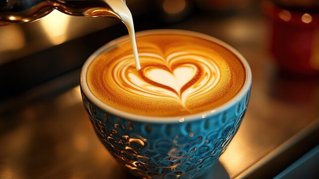 Latte art heart design, steaming milk poured onto a coffee