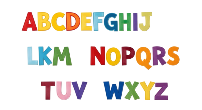 Colorful alphabet letters a to z with a textured appearance isolated on transparent background