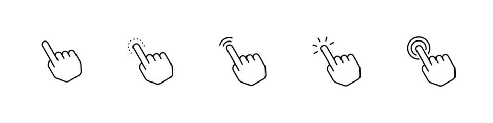 Hand cursor icon set. Touch gesture symbol. Linear vector illustrations of finger tap, click, and touch actions. Minimal outline symbols for mobile interface. Vector illustration.