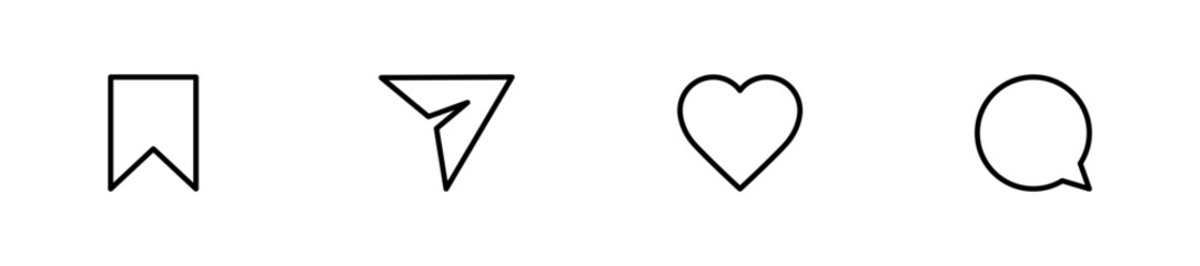 Social media outline icon set. Like, message, chat, bookmark symbols. User interface, mobile app, web. Vector illustration