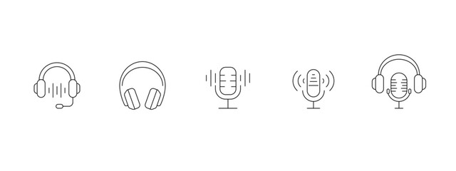 Audio and podcast icon set. Minimalist line vector symbols of headphones, headset, and microphone with sound waves. Vector illustration.