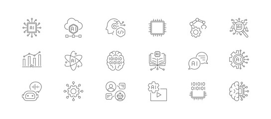 Artificial Intelligence icon set. Outline vector set of AI chip, neural network, chatbot, data analysis, automation, and machine learning concepts. Vector illustration.