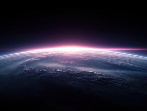 Stunning sunrise over Earth from space paints the atmosphere with vibrant pink and purple light, evoking wonder and cosmic beauty.