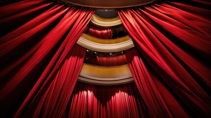 audience. Multiple layers of theater curtains opening in deep perspective. event programs, museum guides, designed for cultural heritage projects and event programs, used by supply chain planners.