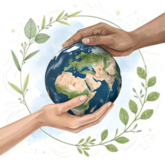 Diverse hands gently cradle the Earth globe, surrounded by a lush green leaf wreath, symbolizing global unity and environmental care.
