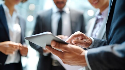 Close-up of a business team gathered, examining a tablet. Focus on the hands and device, suggesting collaboration and data review