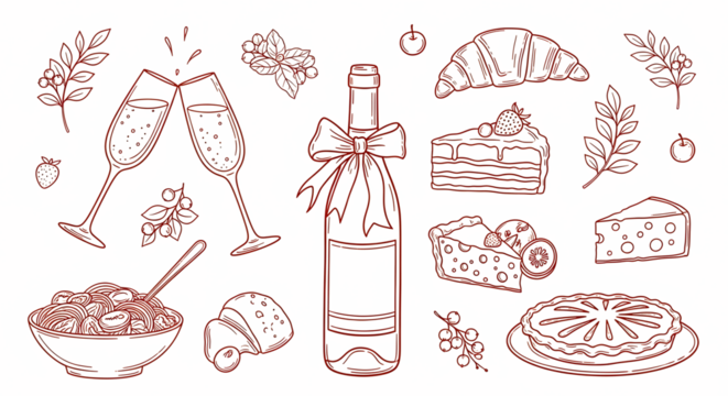 Collection of festive food items and drinks with ribbons isolated on transparent background