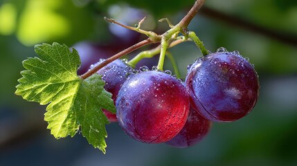 Close up of juicy purple grapes on a vine