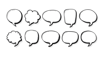 Collection of ten black speech bubble outlines isolated on transparent background