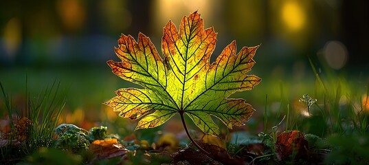 Detailed maple leaf macro, green to orange color transition with visible veins, soft bokeh background, for autumn season design, wellness blog imagery, calendar print, natural theme decoration.