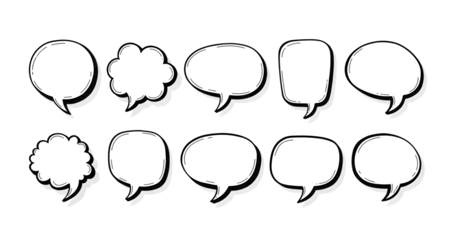 Collection of ten black speech bubble outlines isolated on transparent background