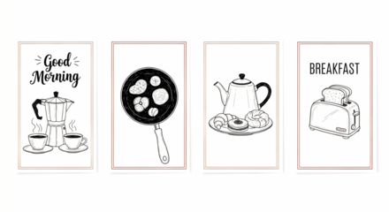 Four abstract line art illustrations of vintage mechanical objects isolated on transparent background