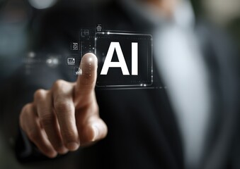 AI interface interaction, finger touching digital panel with AI icon and tech symbols, for artificial intelligence concept, human machine collaboration, futuristic technology background.