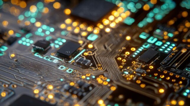 Close-up of a high-tech circuit board with glowing neon elements, intricate pathways and small components - Powered by Adobe