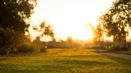 blurred. Tranquil park at sunset with warm golden hues, creating a peaceful natural landscape. inspiring travel planning, travel magazines, designed for travel destination branding.