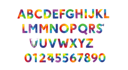 Colorful alphabet letters and numbers with a vibrant abstract texture isolated on transparent background