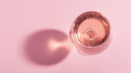 brut. Glass of rose sparkling wine on a pastel pink background, captured from above with soft shadows and studio lighting. bar promotions.