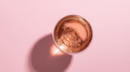 brut. Glass of rose sparkling wine on a pastel pink background, captured from above with soft shadows and studio lighting. bar promotions.