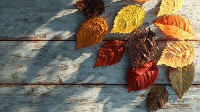Colorful autumn leaves arranged on a textured, weathered, light-colored wooden surface with a shadow