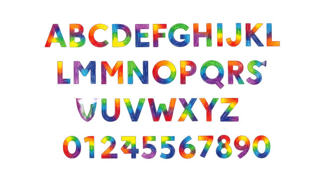 Colorful alphabet letters and numbers with a vibrant abstract texture isolated on transparent background