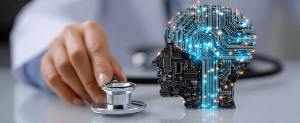 Digital healthcare diagnosis, stethoscope examining human head silhouette with glowing circuit board patterns, for AI medical technology, biotech fusion, neurology and connected health concept.