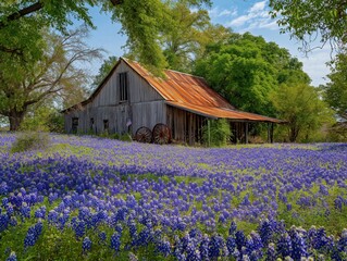 Stunning rustic barn surrounded by vibrant bluebonnet wildflowers under a bright blue sky, evoking Texas charm and natural beauty