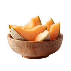 Sliced cantaloupe melon in wooden bowl isolated on transparent background