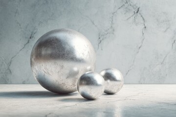 Three shiny silver spheres in a minimalist marble composition