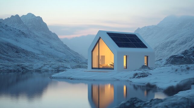 Modern eco-home by a snowy lake