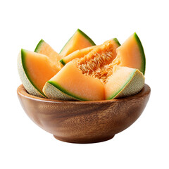 Sliced cantaloupe melon in wooden bowl isolated on transparent background