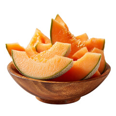 Sliced cantaloupe melon in wooden bowl isolated on transparent background