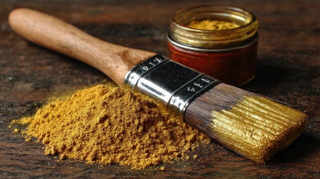 A gold pollen brush collecting dust on a wooden table