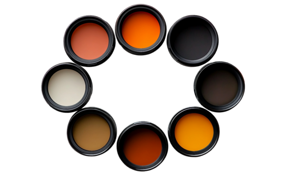 Photography workspace displaying organized lens filters for professional and hobbyist photographers isolated on white background PNG