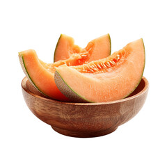 Sliced cantaloupe melon in wooden bowl isolated on transparent background