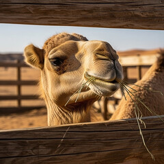 Camel munches grass through a wooden fence, sunlit