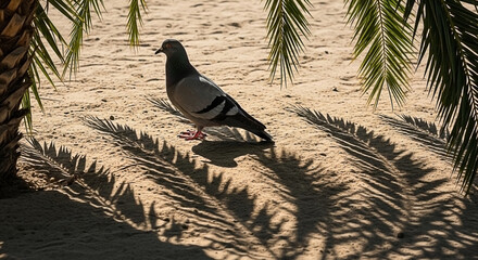 Pigeon stands in dappled light beneath palm fronds on sandy ground