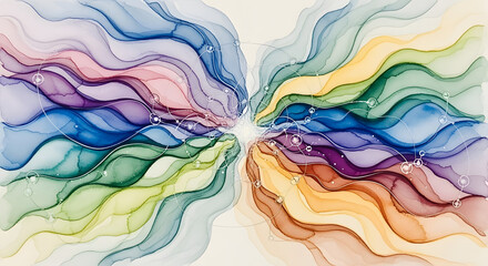 Colorful abstract fluid art with wavy lines and a central focal point.