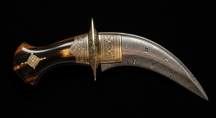 Ornate, curved dagger with decorative handle and patterned blade