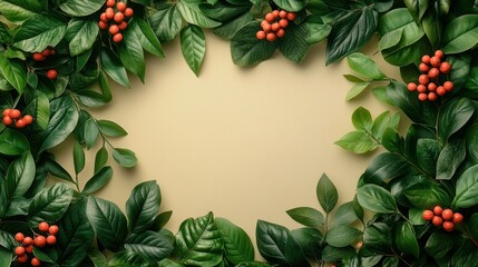 Fototapeta premium Nature-themed frame with leaves and berries