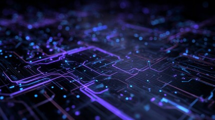 Abstract digital circuit board glowing with neon blue and purple lines and dots, creating a sense of futuristic technology