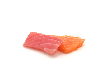 Sashimi made from salmon and tuna on a white background.